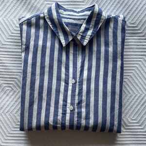 Chico's Women’s Linen Maxi Tunic Stripe Skies Blue 3/4 Sleeve Button Up NWT